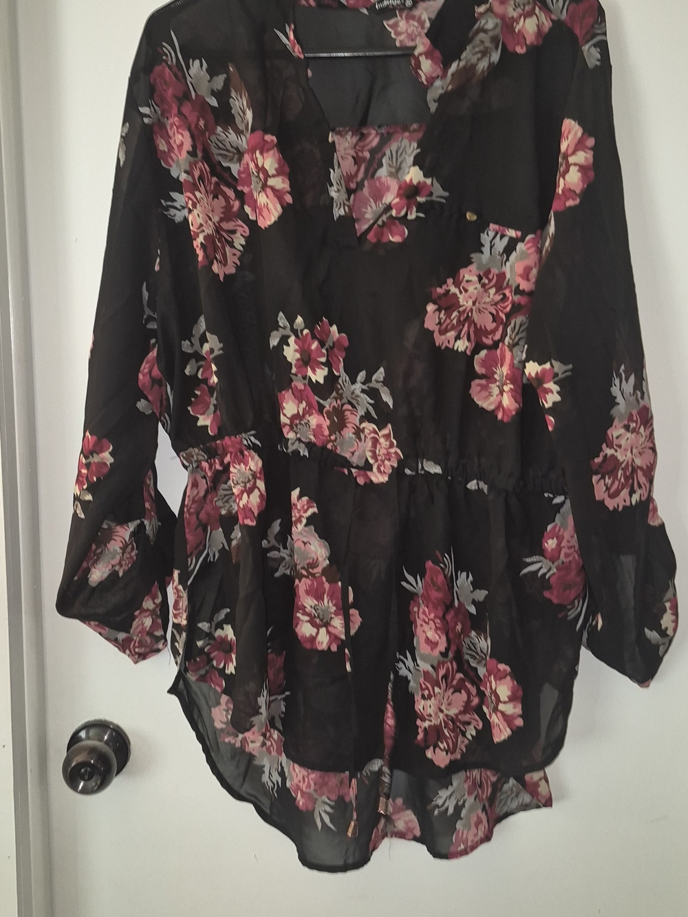 Indulge Black Sheer Floral V-Neck Tunic with Pink and Burgundy Floral